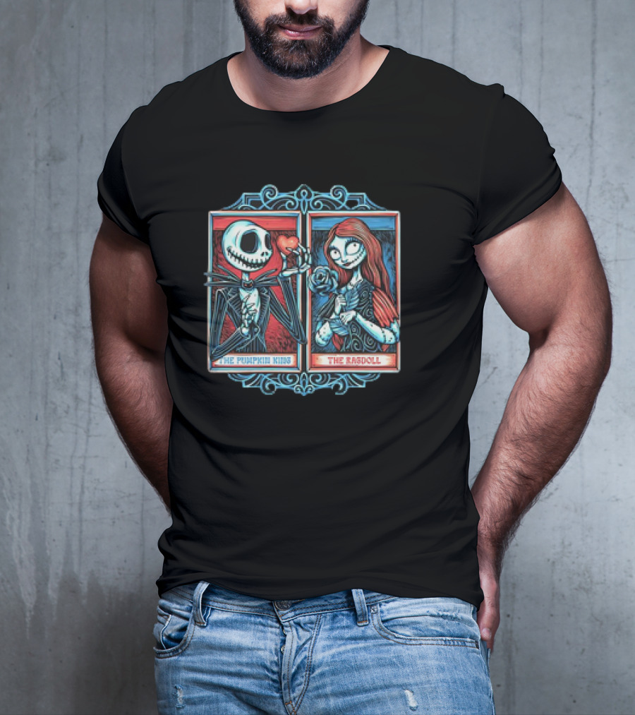 Skeleton Romance Jack Skellington The Pumpkin King And Sally The Ragdoll Heart And Rose T-Shirt