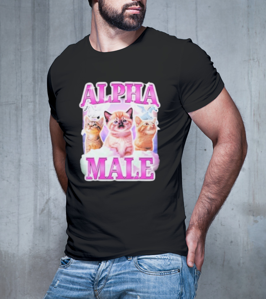 Alpha Male Cat Trio With Rainbow Unicorns And Clouds T-Shirt