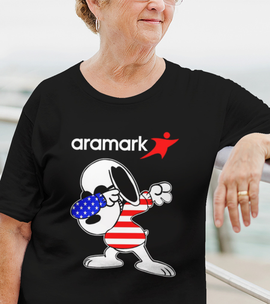 Aramark Snoopy Dabbing American Flag Red White Blue Character T-Shirt