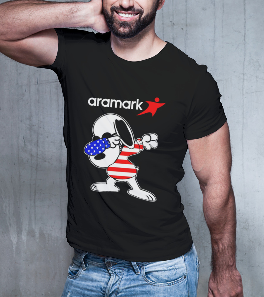 Aramark Snoopy Dabbing American Flag Red White Blue Character T-Shirt