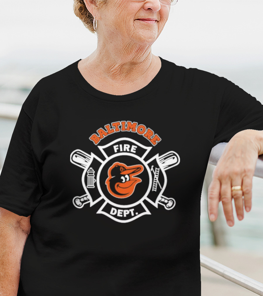 Baltimore Orioles Fire Dept Firefighters Badge Logo With Team Mascot T-Shirt