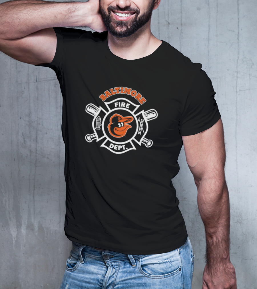 Baltimore Orioles Fire Dept Firefighters Badge Logo With Team Mascot T-Shirt