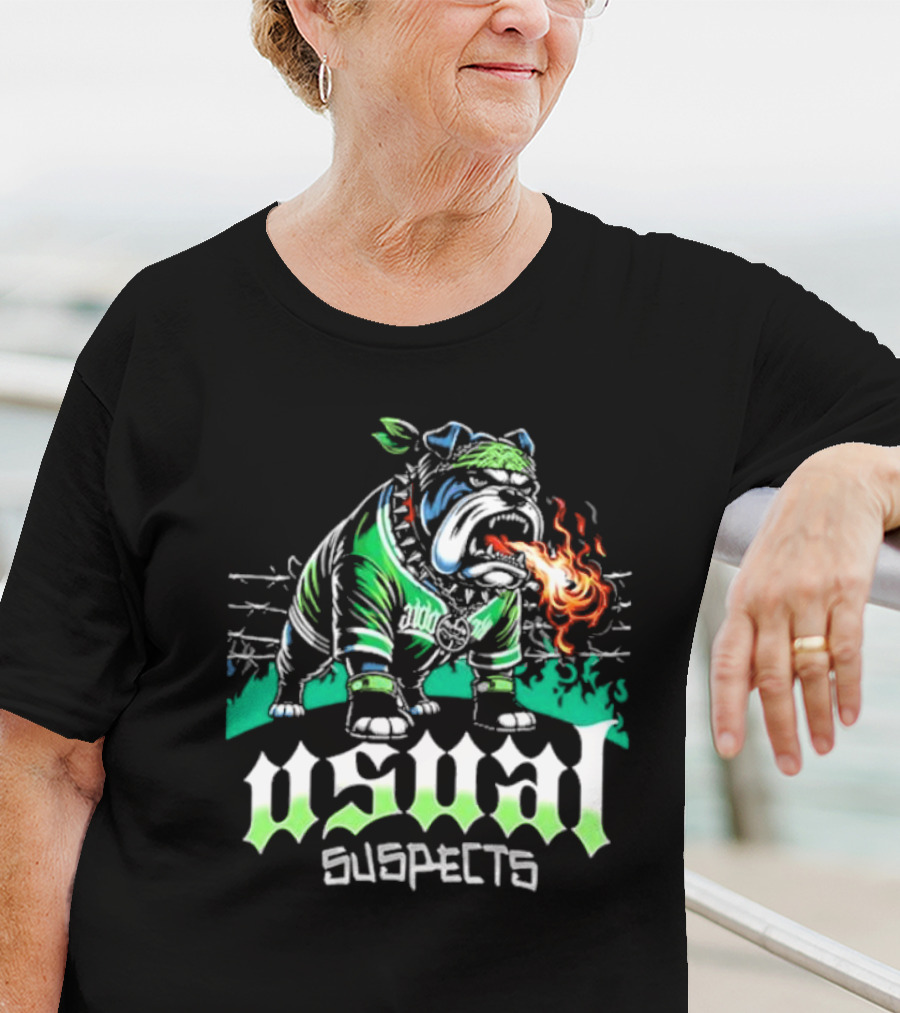 Usual Suspects Bulldog With Fiery Breath And Green Bandana T-Shirt