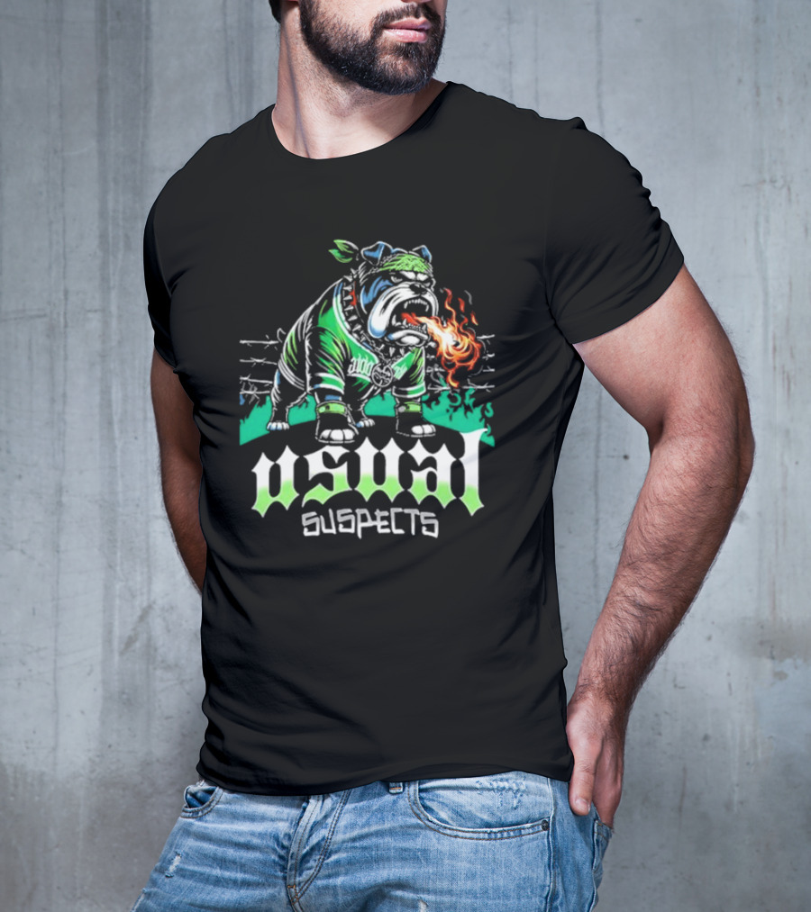 Usual Suspects Bulldog With Fiery Breath And Green Bandana T-Shirt