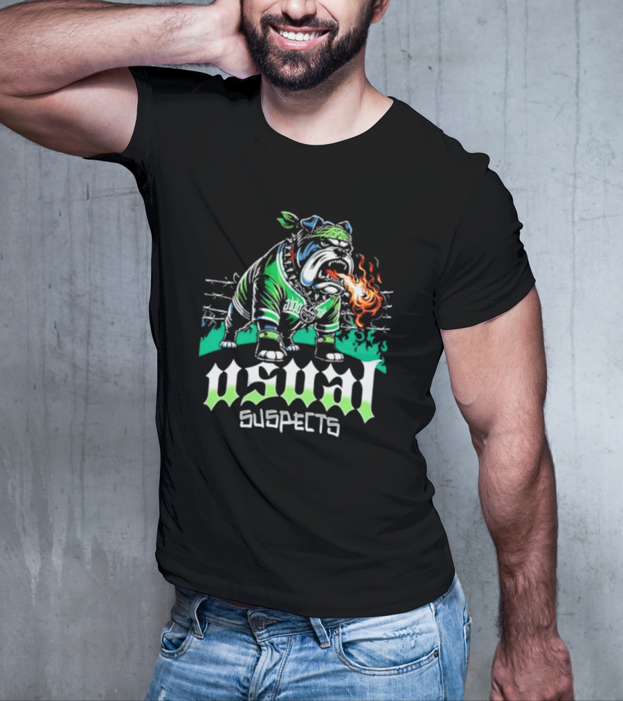 Usual Suspects Bulldog With Fiery Breath And Green Bandana T-Shirt