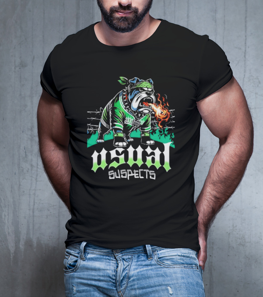Usual Suspects Bulldog With Fiery Breath And Green Bandana T-Shirt