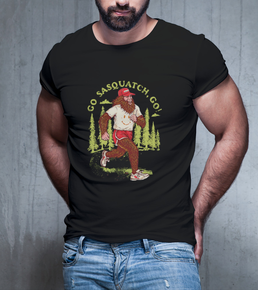 Go Sasquatch Go Bigfoot Jogging In Forest With Red Cap And Sneakers T-Shirt