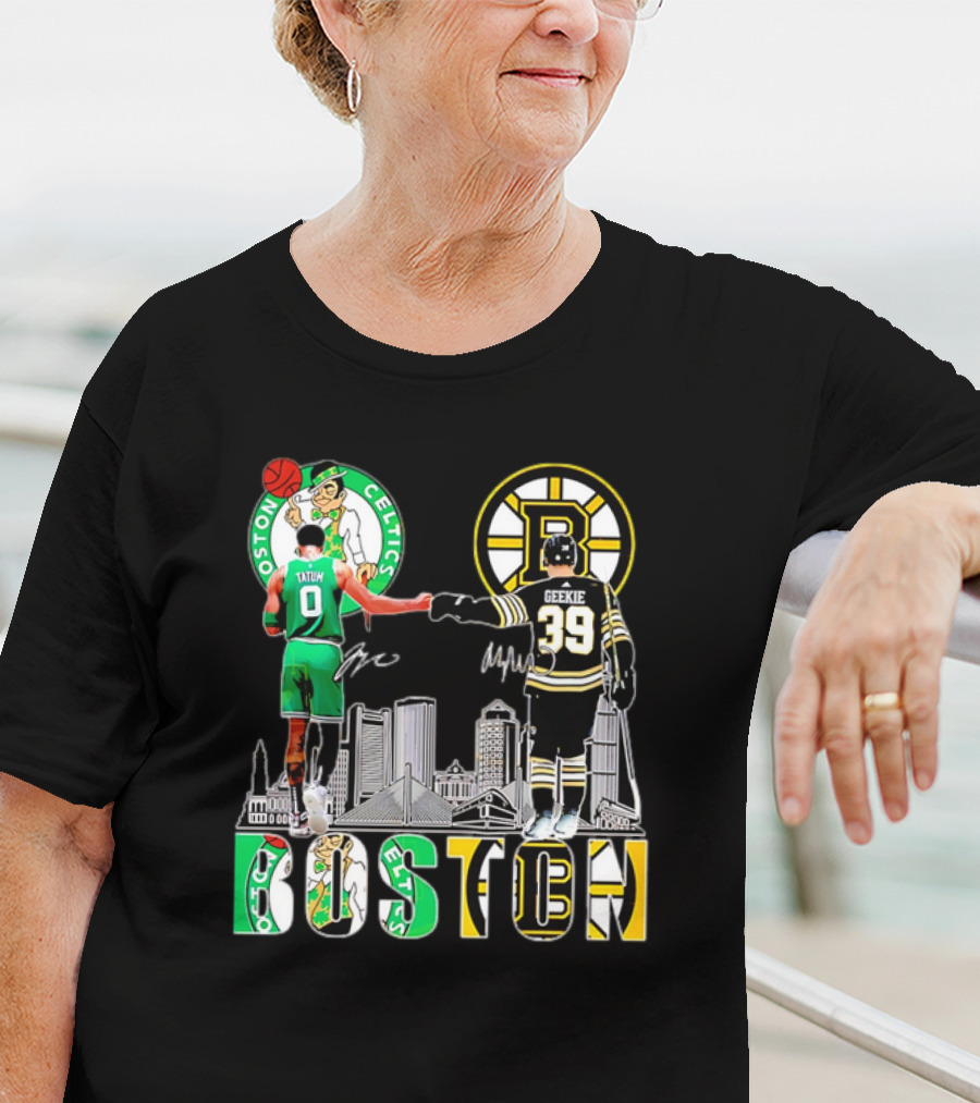 Boston Celtics Jayson Tatum Boston Bruins Morgan Geekie Signatures Skyline T-Shirt