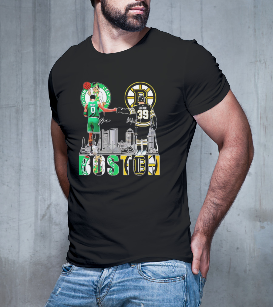 Boston Celtics Jayson Tatum Boston Bruins Morgan Geekie Signatures Skyline T-Shirt