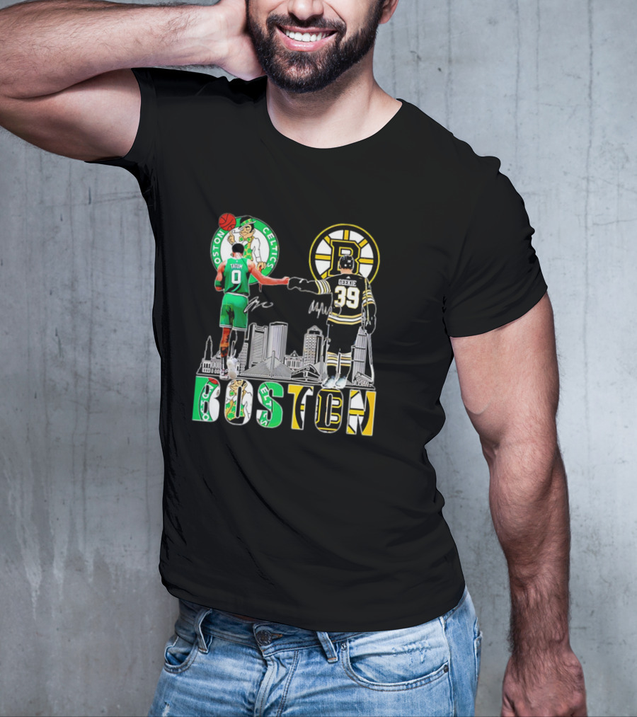 Boston Celtics Jayson Tatum Boston Bruins Morgan Geekie Signatures Skyline T-Shirt
