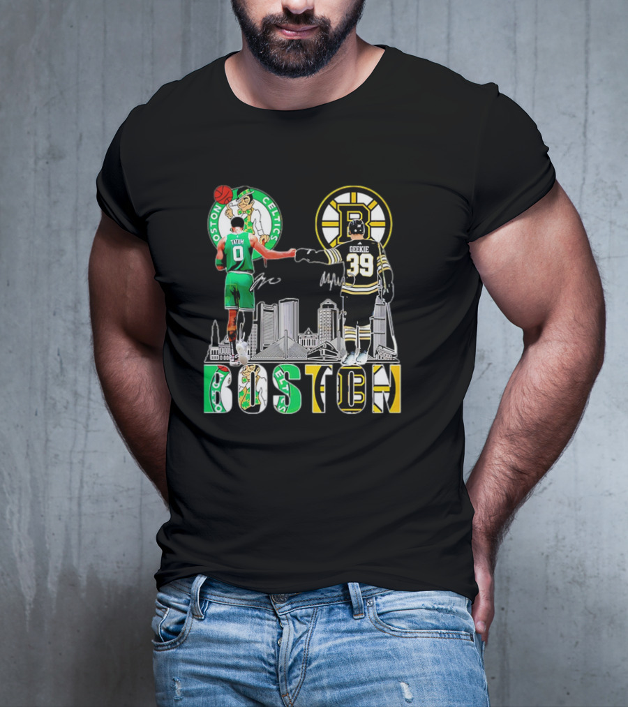 Boston Celtics Jayson Tatum Boston Bruins Morgan Geekie Signatures Skyline T-Shirt