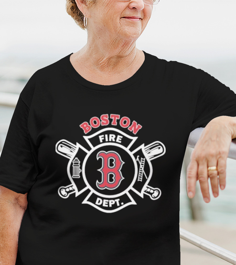 Boston Red Sox Fire Dept Firefighters B Logo Axes And Ladder T-Shirt