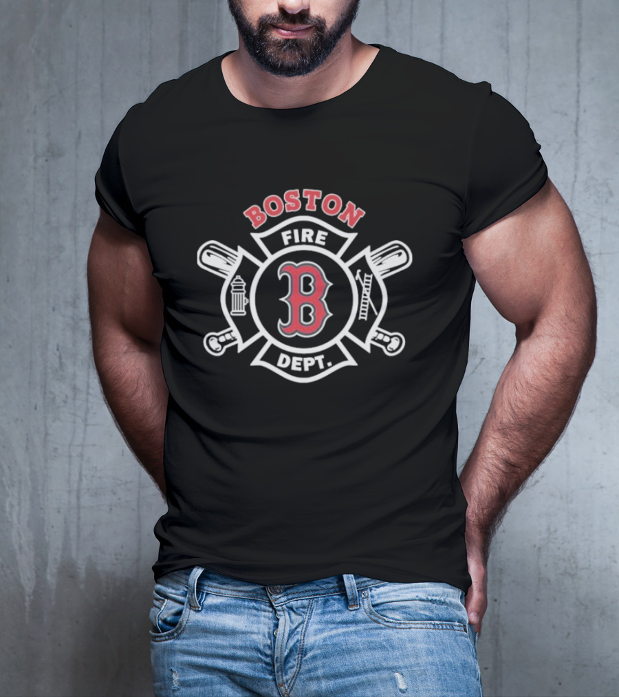 Boston Red Sox Fire Dept Firefighters B Logo Axes And Ladder T-Shirt