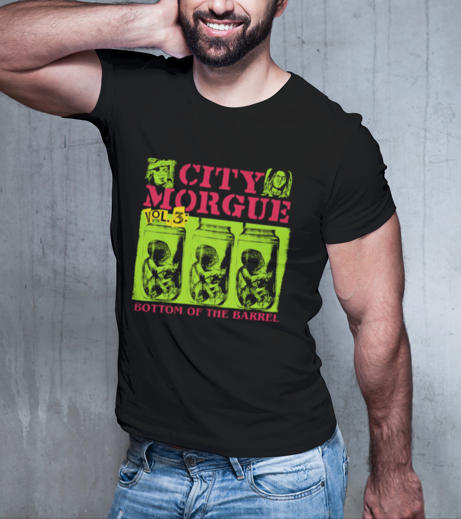 City Morgue Bottom Of The Barrel Green Neon Skeleton Illustrations T-Shirt