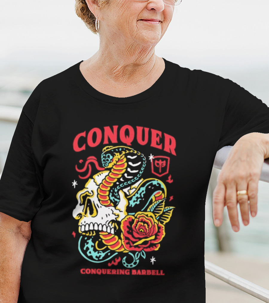 Conquer Skull Snake Rose Conquering Barbell T-Shirt