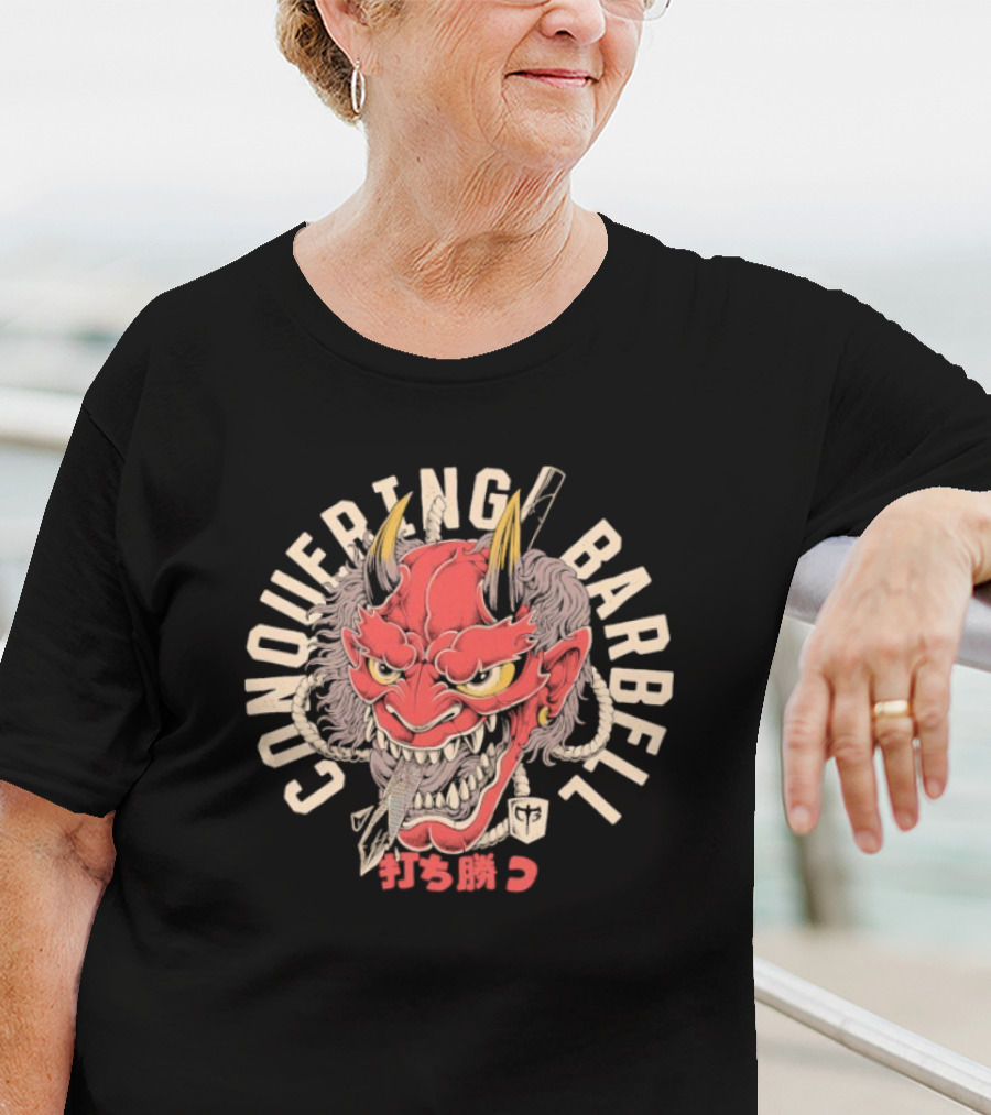 Conquering Barbell Oni Mask Japanese Text T-Shirt
