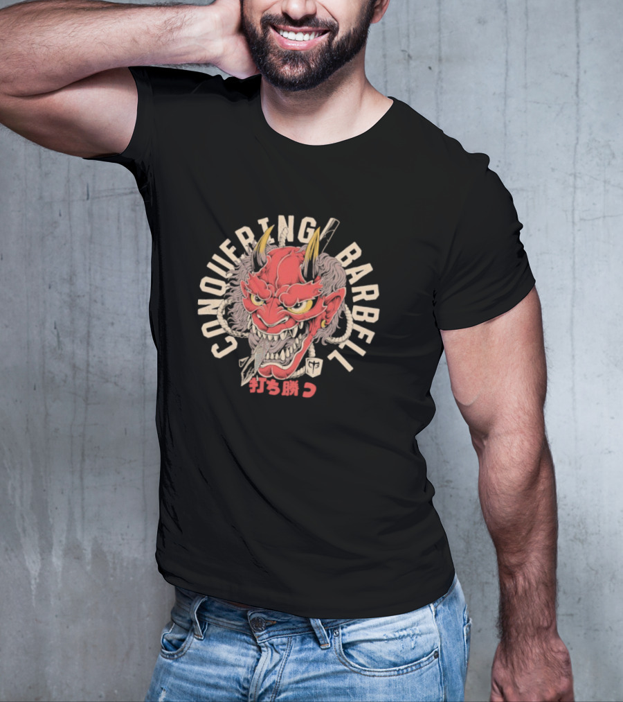 Conquering Barbell Oni Mask Japanese Text T-Shirt
