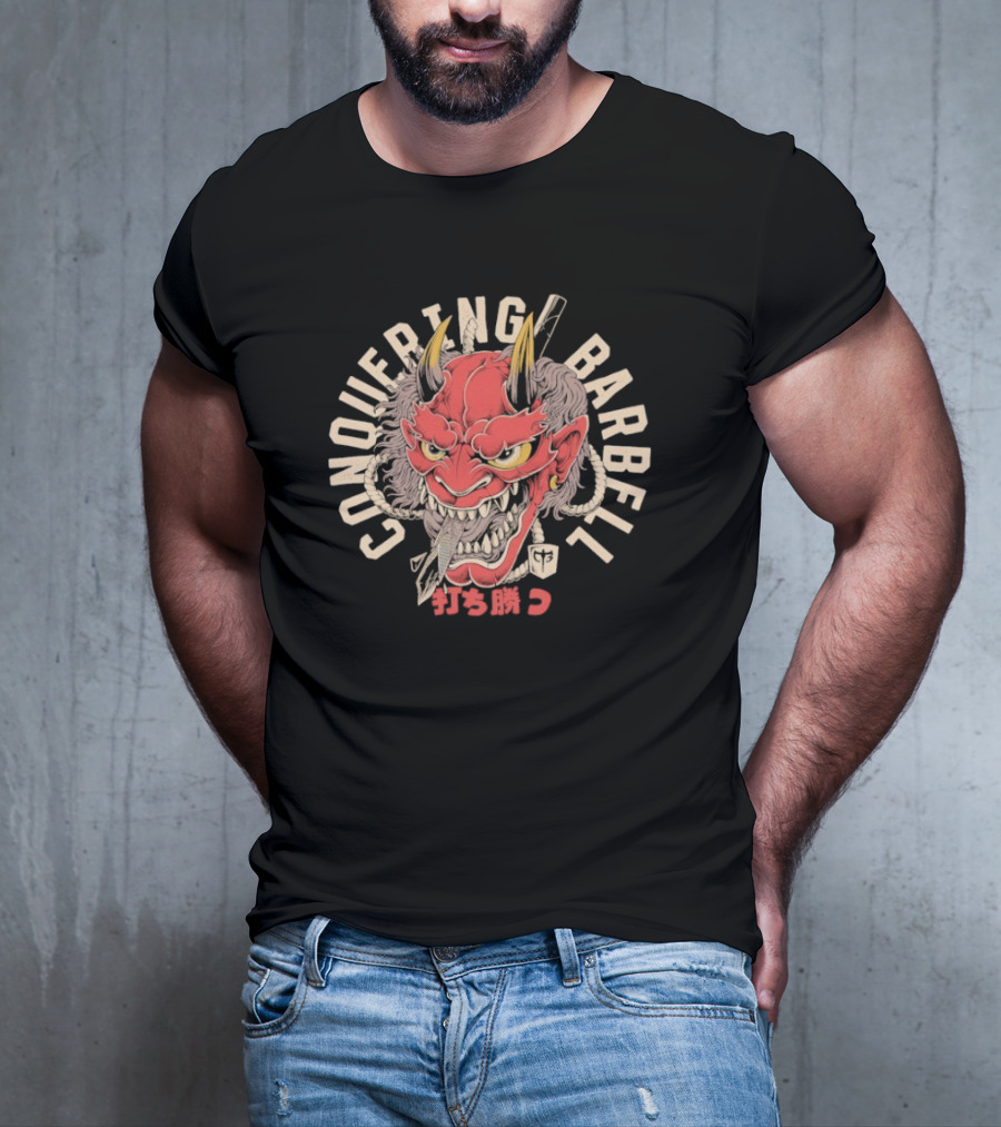Conquering Barbell Oni Mask Japanese Text T-Shirt