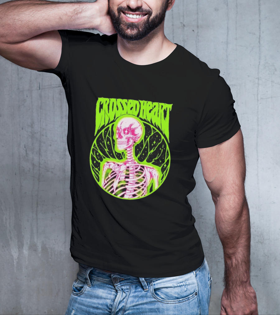 Crossed Heart Skeleton Neon Illustration T-Shirt
