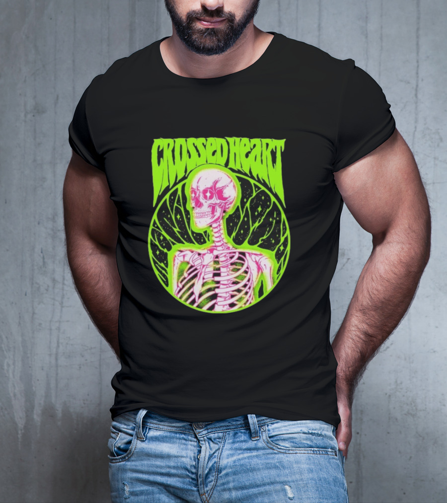 Crossed Heart Skeleton Neon Illustration T-Shirt
