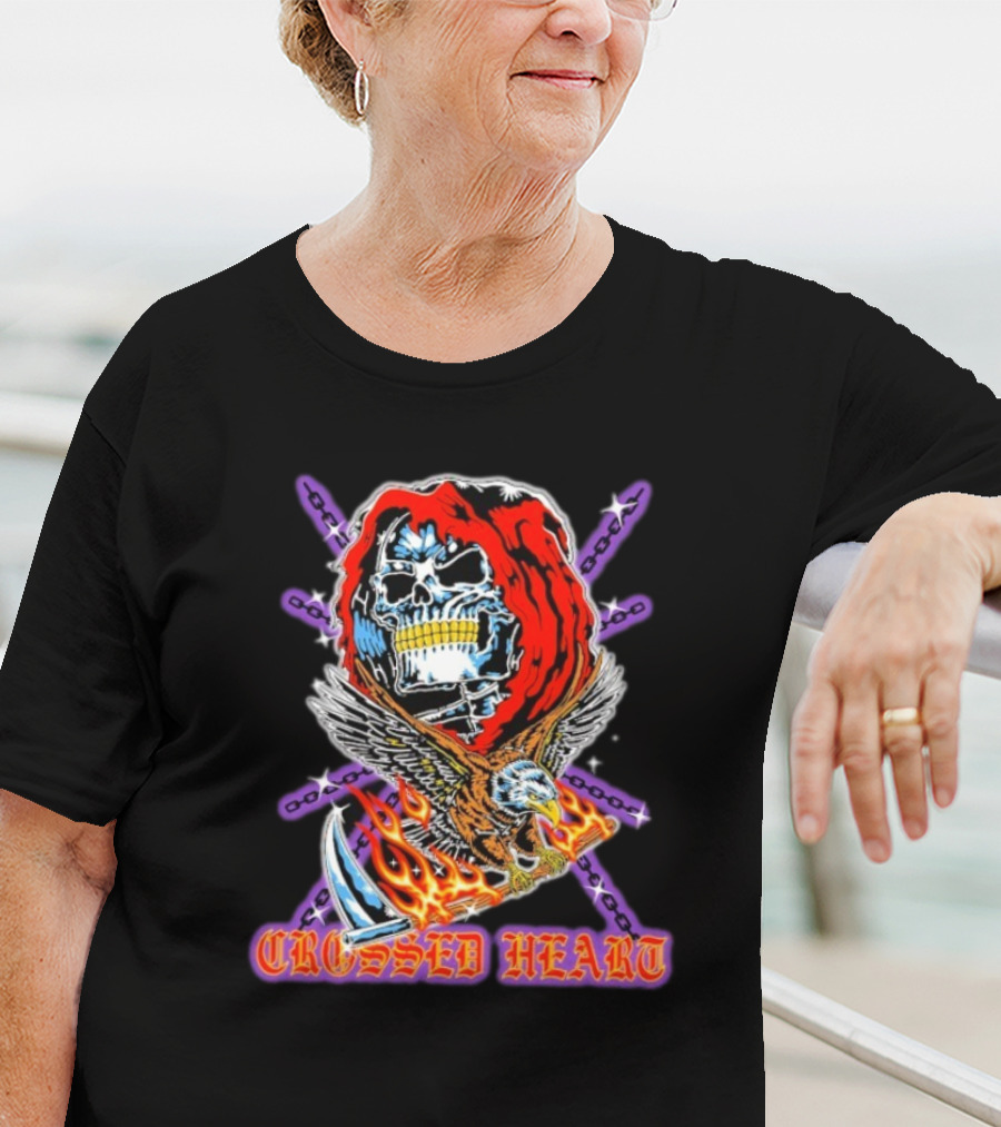 Crossed Heart No Mercy Skull Eagle Flames Chains T-Shirt
