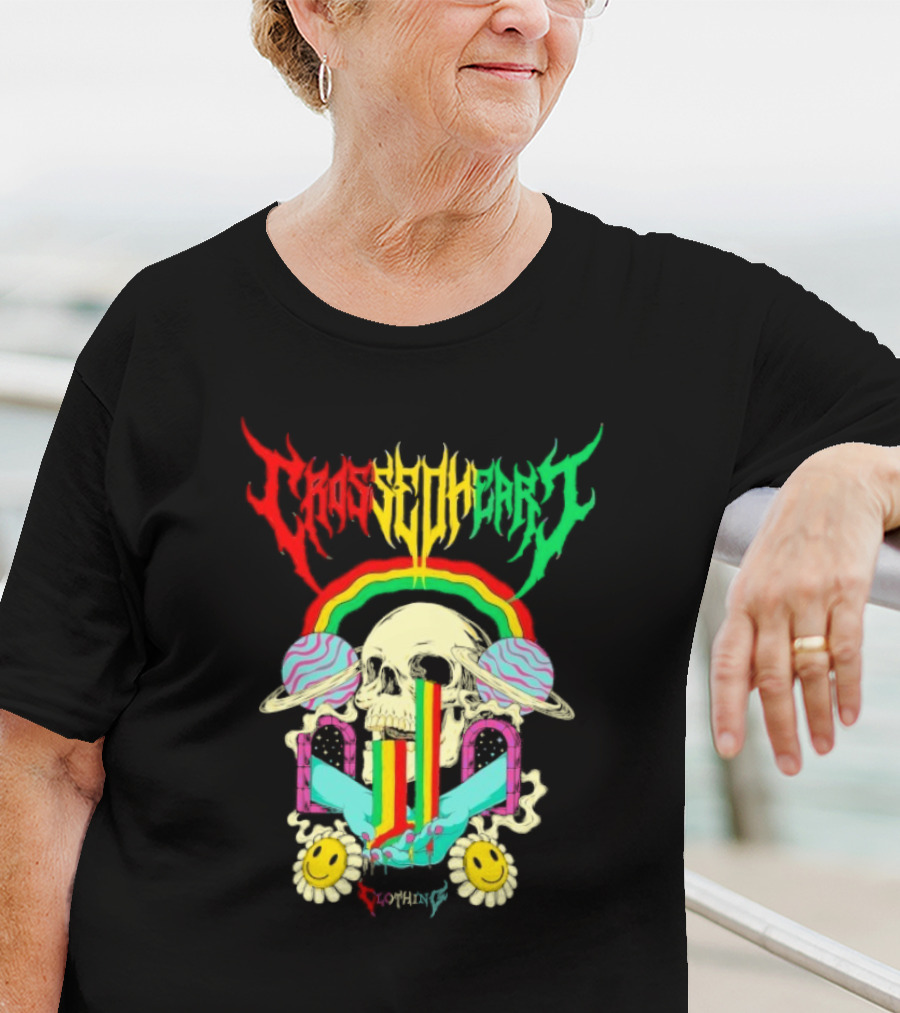 Crossed Heart Skull With Rainbow And Smiley Faces T-Shirt