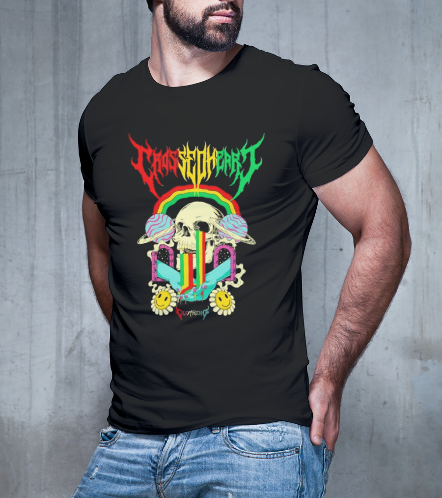 Crossed Heart Skull With Rainbow And Smiley Faces T-Shirt