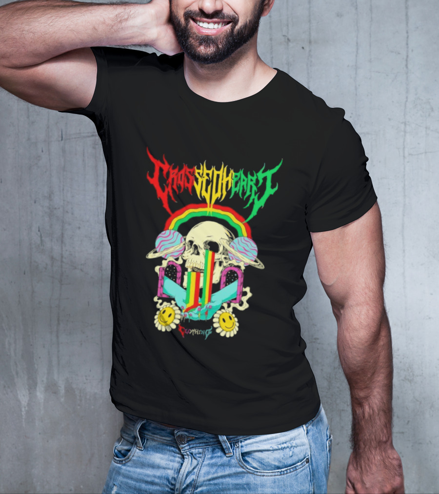 Crossed Heart Skull With Rainbow And Smiley Faces T-Shirt