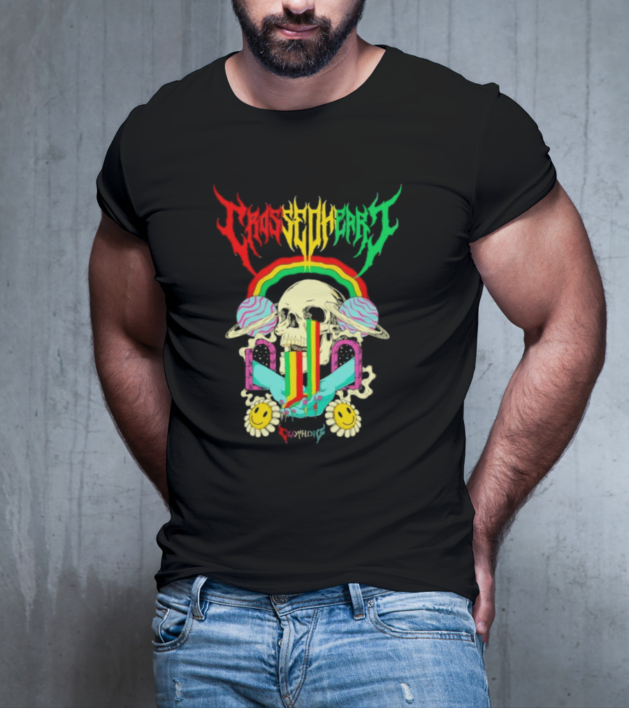 Crossed Heart Skull With Rainbow And Smiley Faces T-Shirt