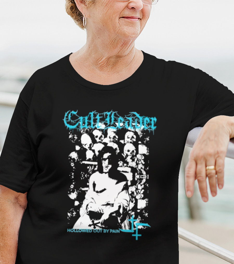Cult Leader Hollowed Out By Pain Distorted Portrait With Inverted Cross Symbol T-Shirt