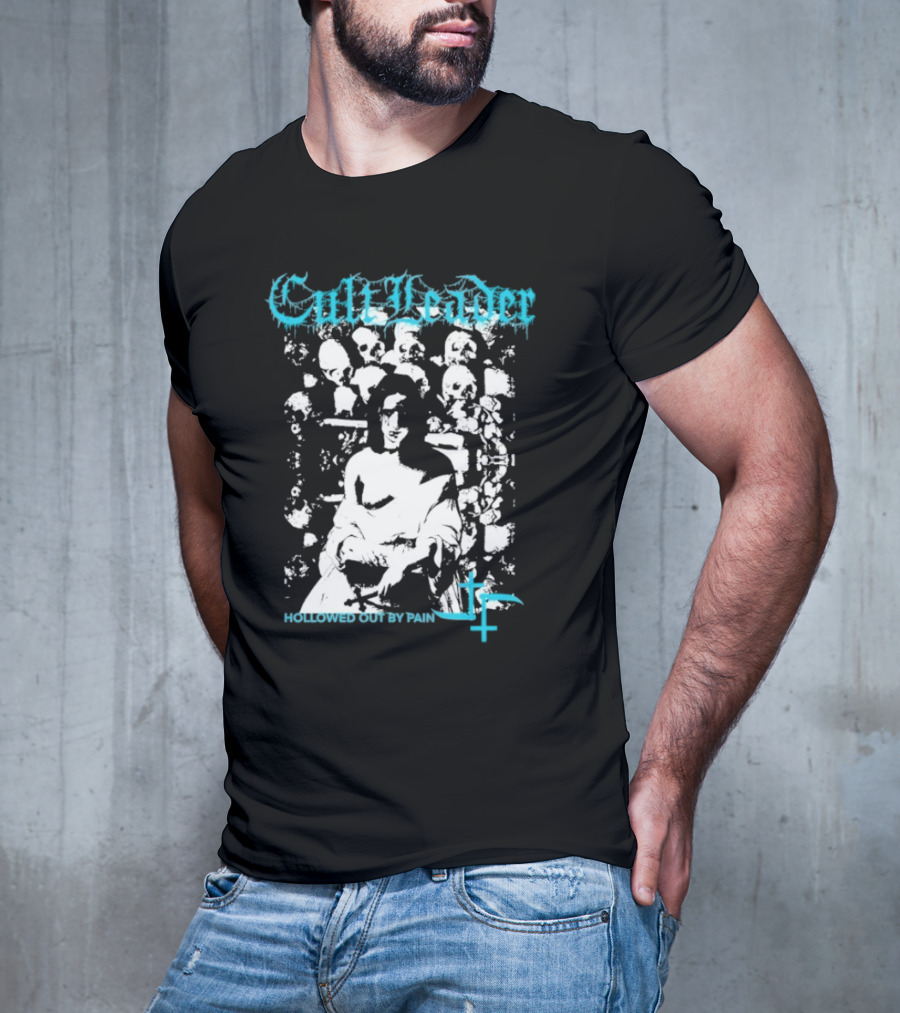 Cult Leader Hollowed Out By Pain Distorted Portrait With Inverted Cross Symbol T-Shirt