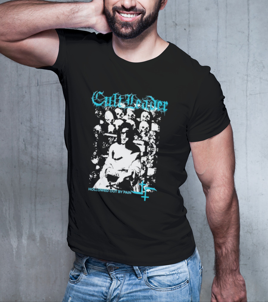 Cult Leader Hollowed Out By Pain Distorted Portrait With Inverted Cross Symbol T-Shirt