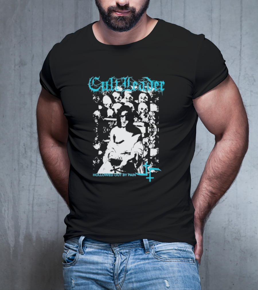 Cult Leader Hollowed Out By Pain Distorted Portrait With Inverted Cross Symbol T-Shirt