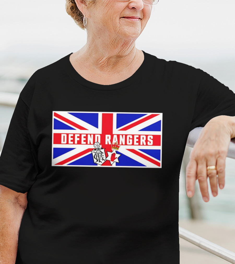 Defend Rangers Union Flag With FCRF Crest And Red Hand Of Ulster T-Shirt