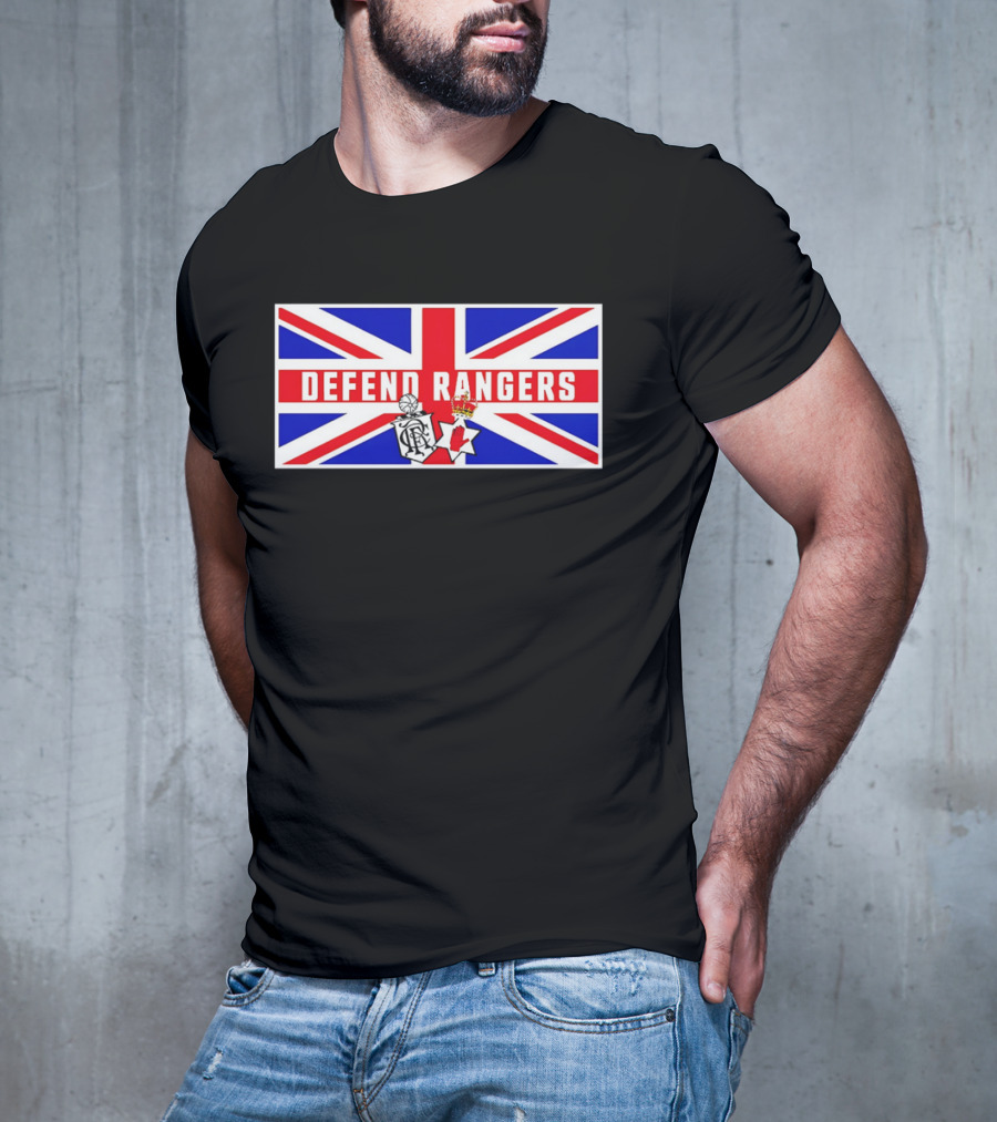 Defend Rangers Union Flag With FCRF Crest And Red Hand Of Ulster T-Shirt