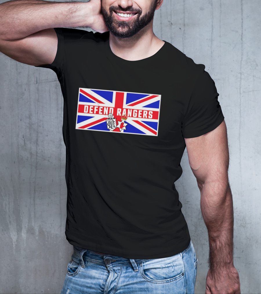 Defend Rangers Union Flag With FCRF Crest And Red Hand Of Ulster T-Shirt