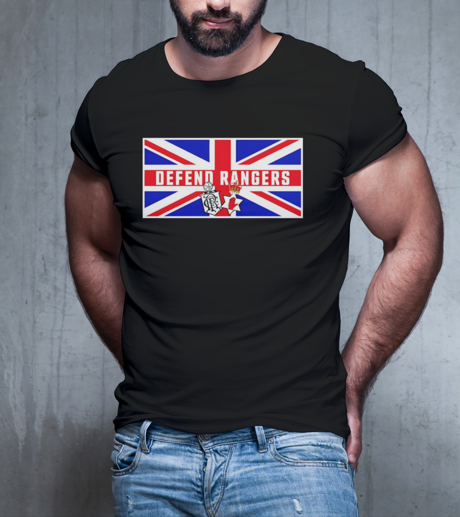 Defend Rangers Union Flag With FCRF Crest And Red Hand Of Ulster T-Shirt