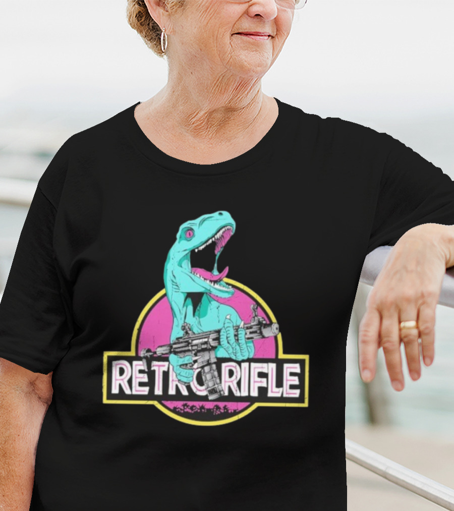 Retro Rifle Dinosaur Holding Gun Vintage Style T-Shirt