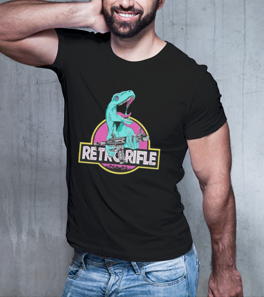 Retro Rifle Dinosaur Holding Gun Vintage Style T-Shirt