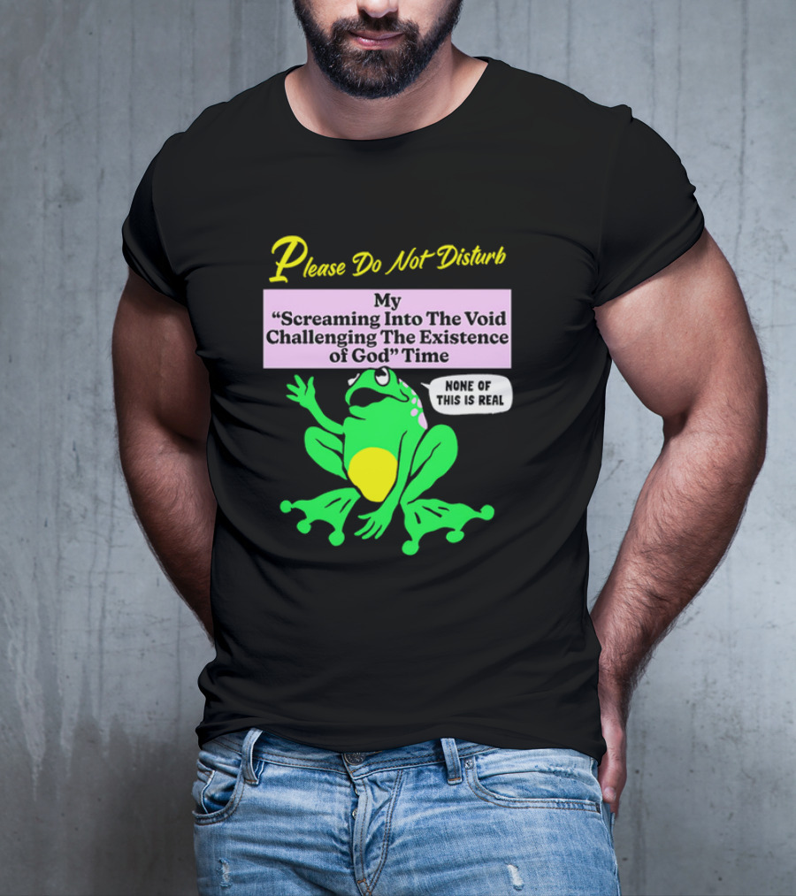 Please Do Not Disturb My Screaming Into The Void Challenging The Existence Of God Time None Of This Is Real Frog T-Shirt