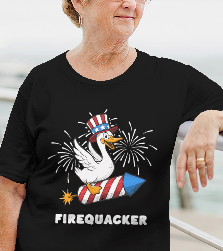 Firequacker Patriotic Duck With Rocket And Fireworks T-Shirt