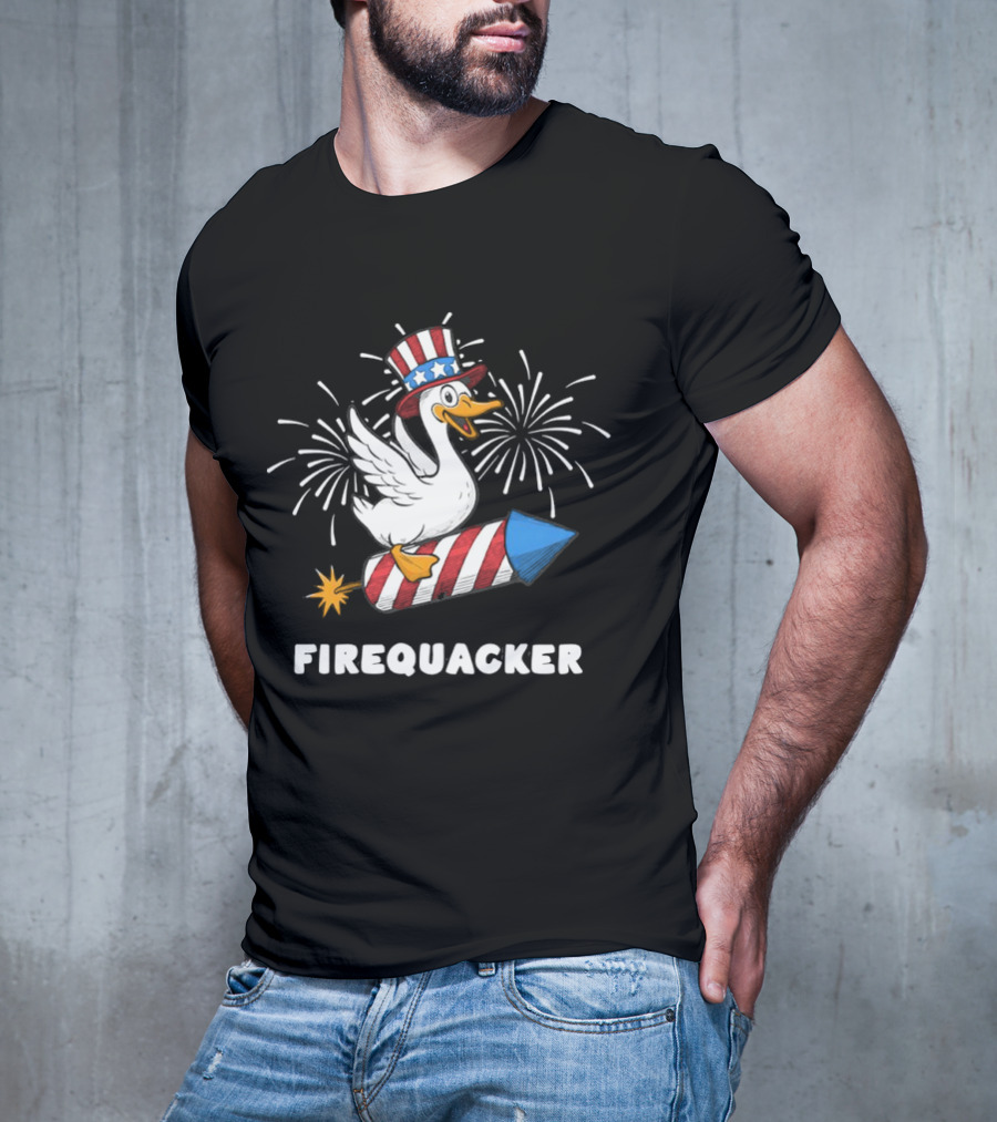 Firequacker Patriotic Duck With Rocket And Fireworks T-Shirt