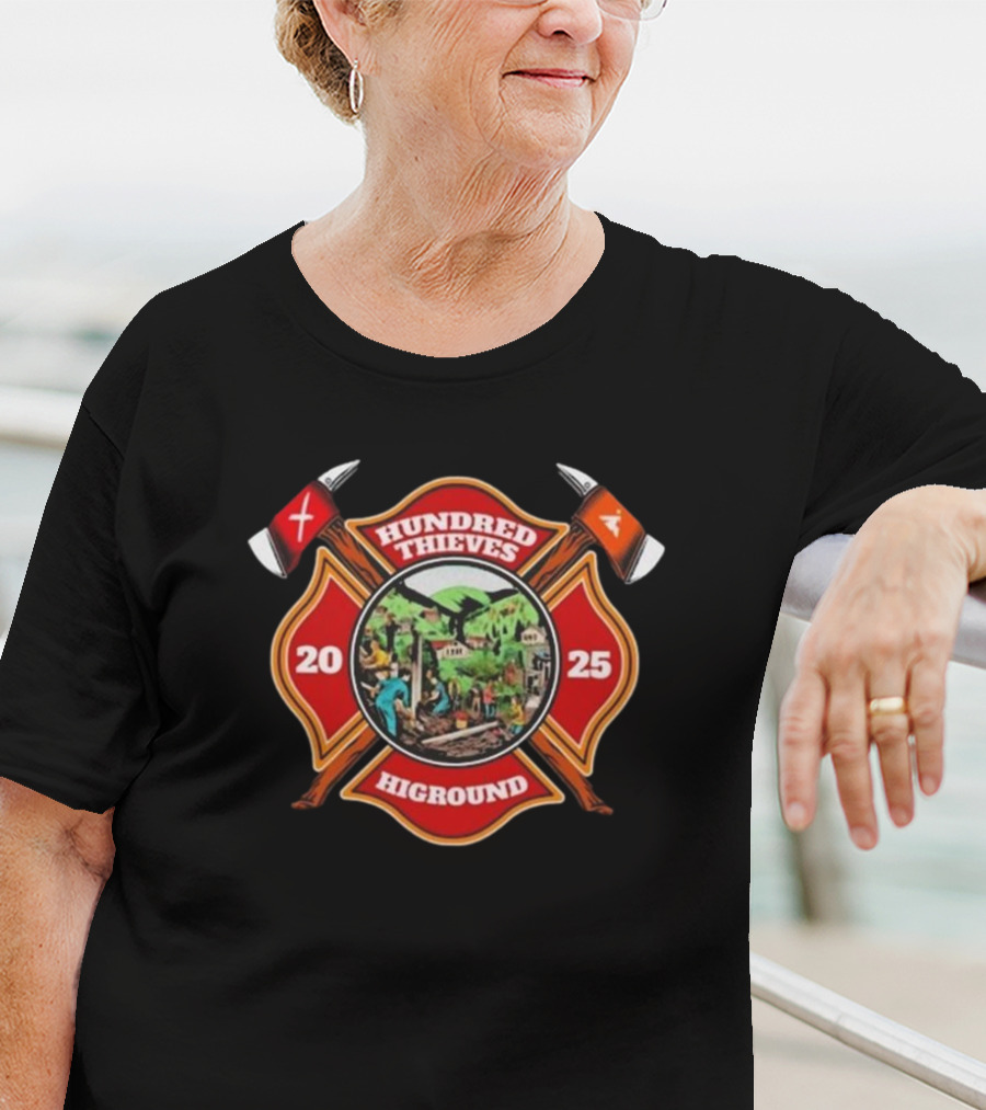 Hundred Thieves Higround 2025 Badge With Axes And Mountain Scene T-Shirt