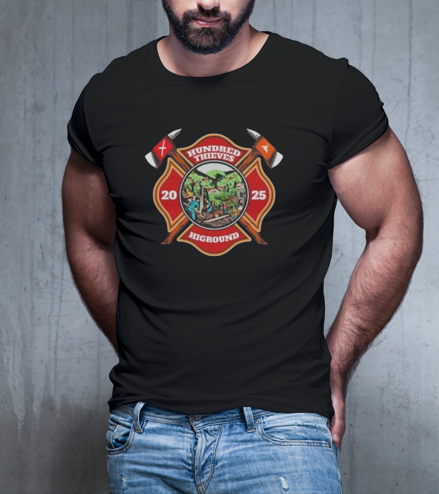 Hundred Thieves Higround 2025 Badge With Axes And Mountain Scene T-Shirt