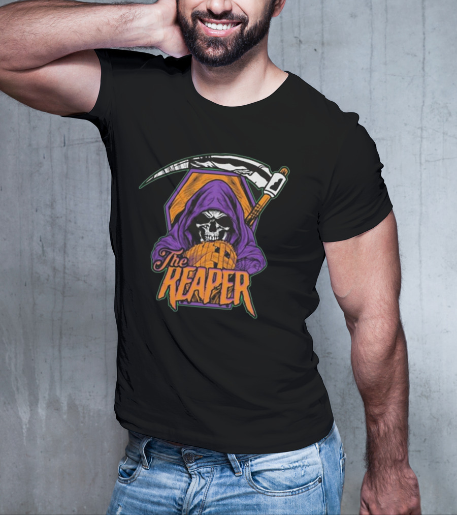 American Gothic Style Skull With Scythe Reaper Hooded Figure T-Shirt