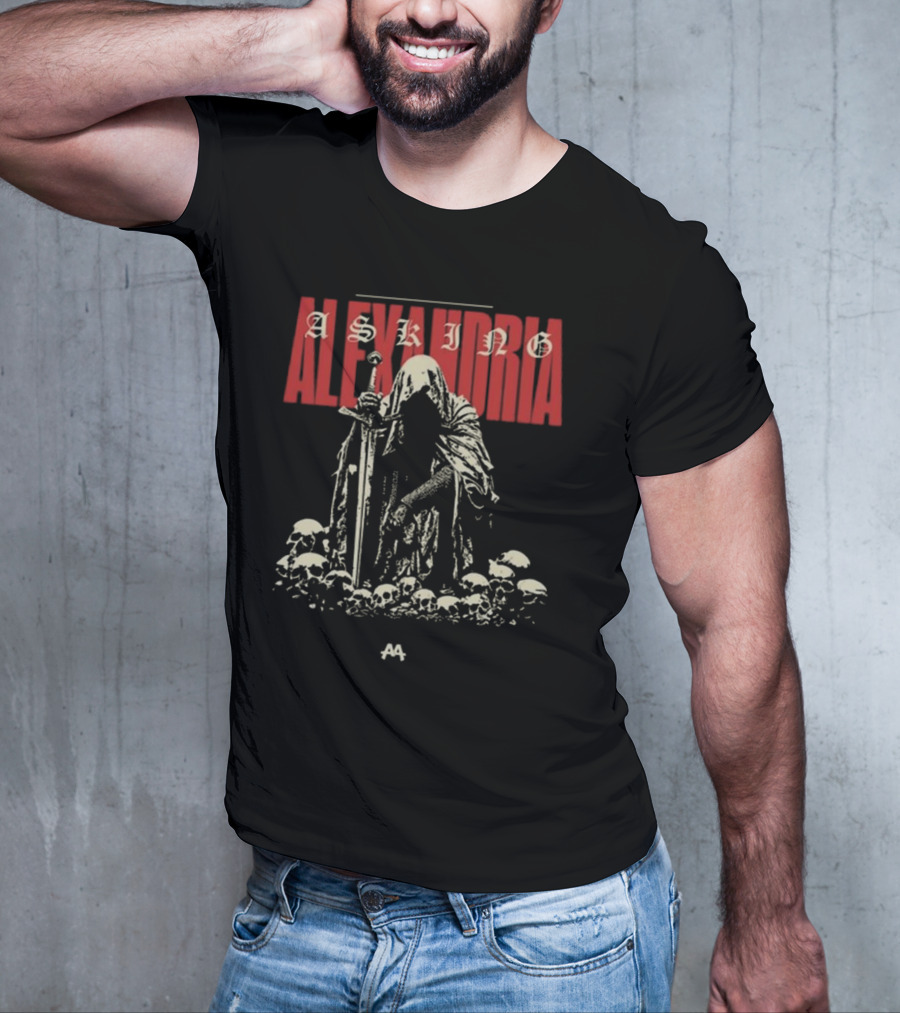 Asking Alexandria Skeleton Cloaked Figure With Sword Among Skulls T-Shirt