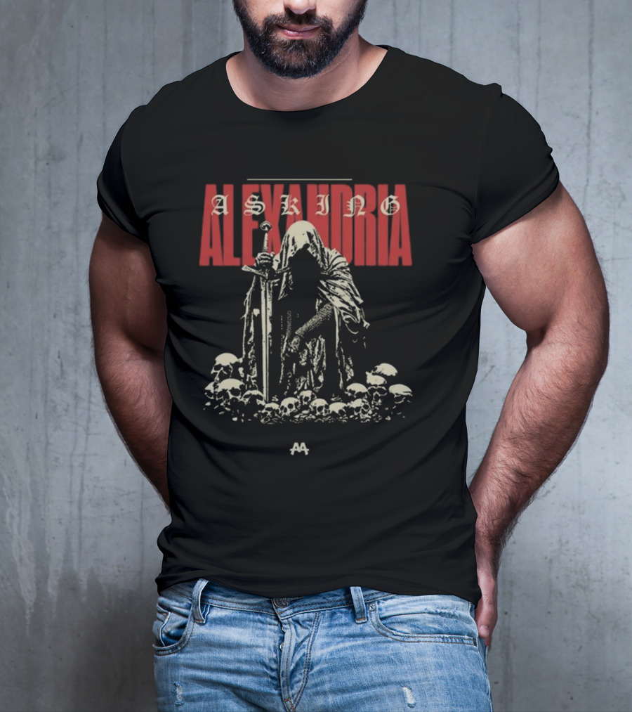 Asking Alexandria Skeleton Cloaked Figure With Sword Among Skulls T-Shirt