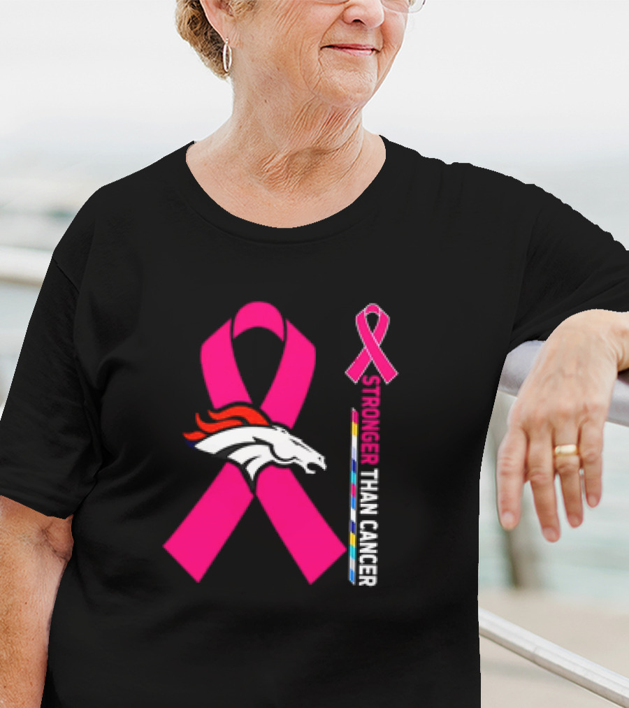 Denver Broncos Pink Ribbon Stronger Than Cancer Awareness T-Shirt