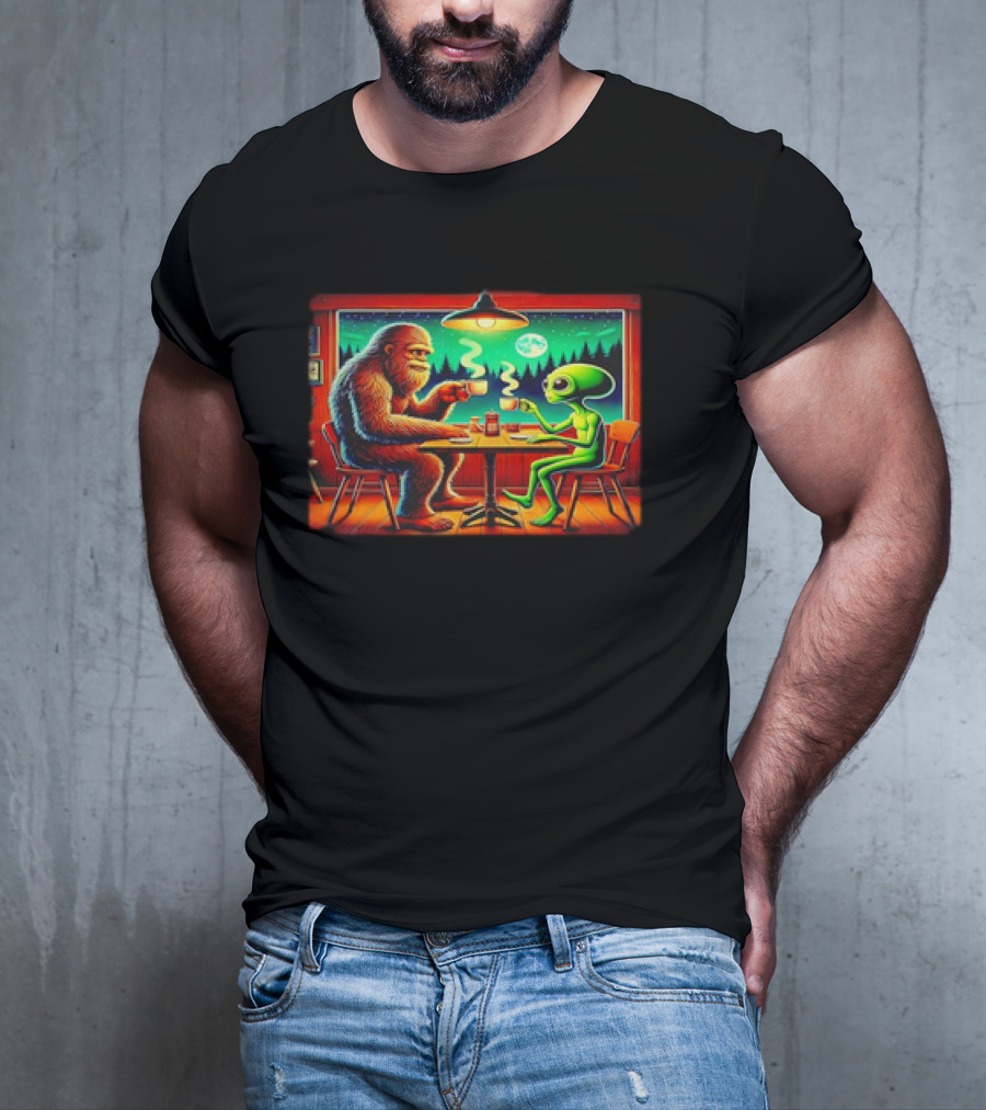 Bigfoot And Alien Coffee Meetup In Cabin At Night With Moonlit Forest T-Shirt