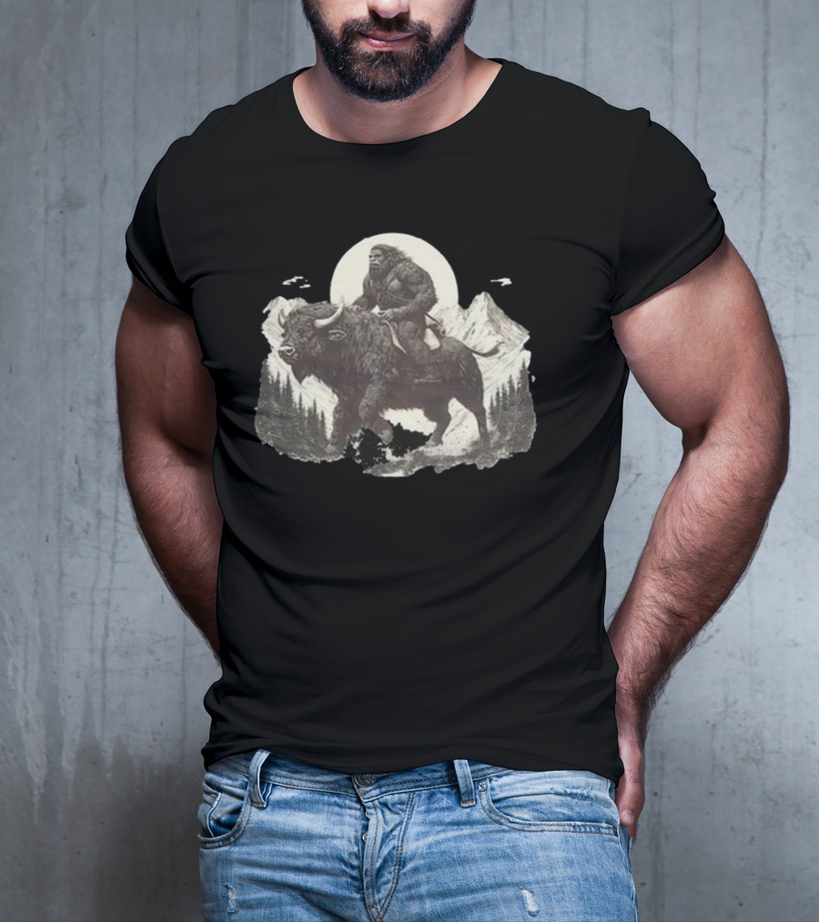 Blurry Creatures Bigfoot Riding Buffalo With Mountains And Moon In Background T-Shirt